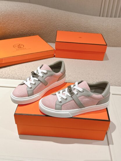 Hermes couple's gray and pink Kelly shoe buckle classic flat casual shoes - Image 2
