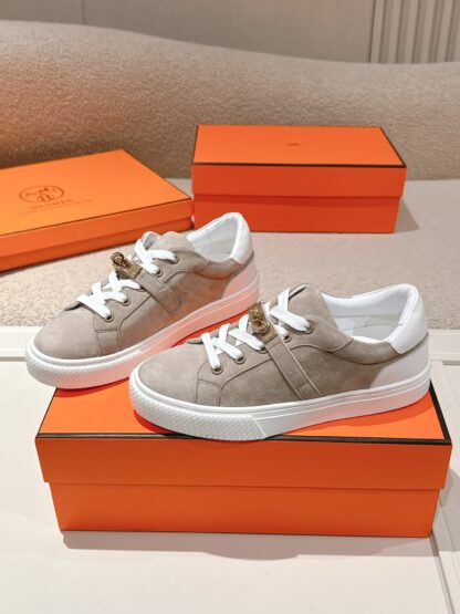Hermes couple's gray and white Kelly shoe buckle classic flat casual shoes - Image 2