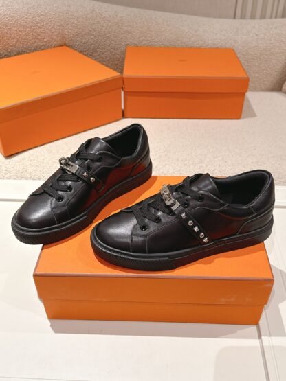 Hermes couple black kelly shoe buckle classic flat casual shoes - Image 2