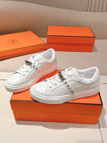 Hermes white classic couple's kelly shoe buckle flat casual shoes - Image 2