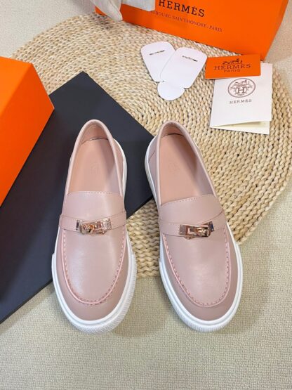 Hermes Kelly shoe buckle pink fashion noble casual loafers - Image 2