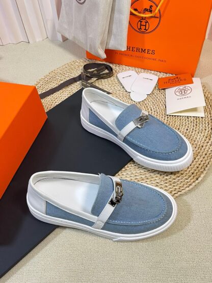 Hermes Kelly shoe buckle blue and white fashion noble casual loafers - Image 2