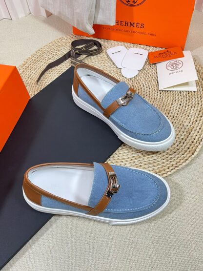 Hermes kelly shoe buckle blue brown fashion noble casual loafers - Image 2