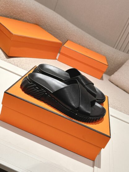 Hermes black brown comfortable casual style cross-slippers - Image 2