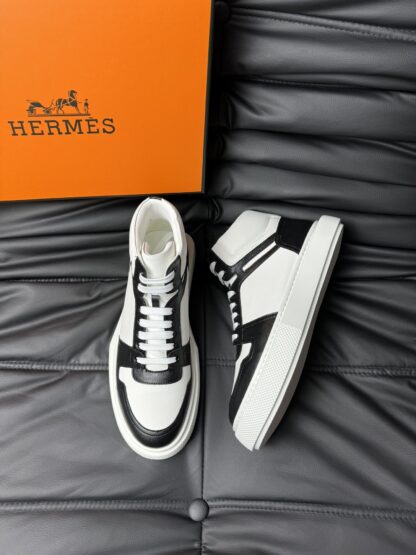Hermes white and black color matching cowhide high-end noble high-top casual shoes - Image 2