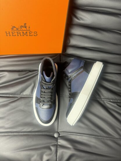 Hermès blue and black color matching cowhide high-end noble high-top casual shoes - Image 2