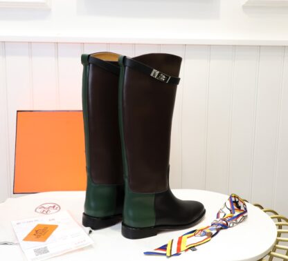 Hermès classic kelly buckle stylish brown and green color matching mid-calf boots - Image 2
