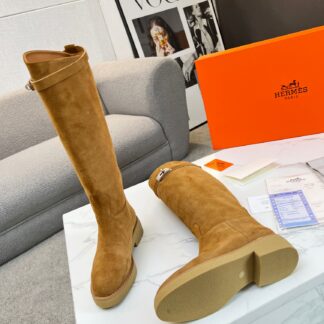 Hermès classic kelly buckle brown velvet fashion mid-calf boots