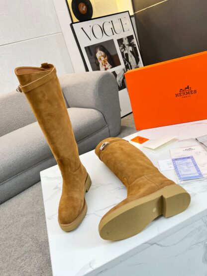Hermès classic kelly buckle brown velvet fashion mid-calf boots