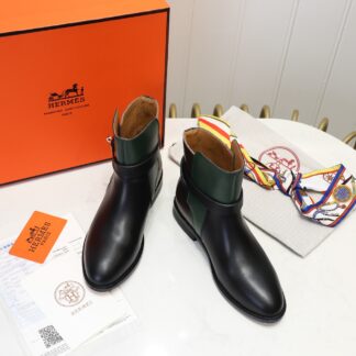 Hermès classic black and green color matching silver buckle fashion knight boots