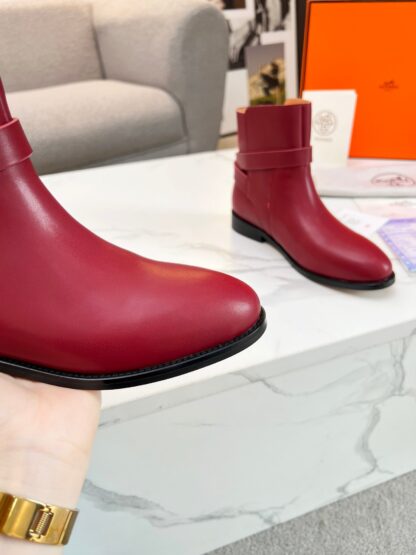 Hermes dark red silver buckle classic kelly buckle fashion ankle boots - Image 2