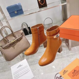 Hermes autumn and winter fashion brown women's short boots heel height 7cm