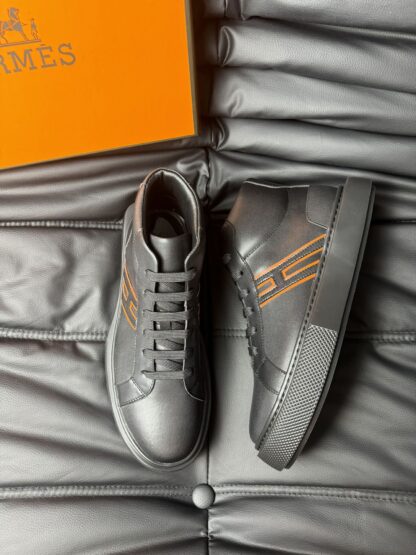 Hermès black and orange color matching cowhide high-end noble high-top casual shoes - Image 2
