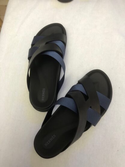 Hermès black and blue woven slippers