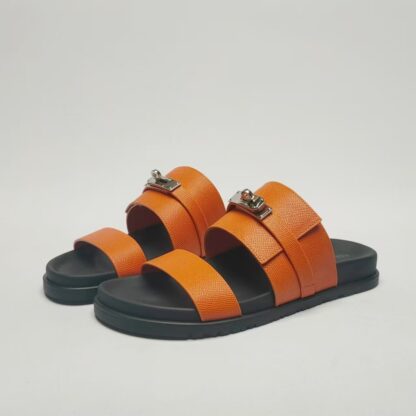 Hermès couple's orange silver buckle woven sandals - Image 2