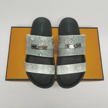Hermès Couple's Grey Silver Buckle Braided Sandals - Image 2