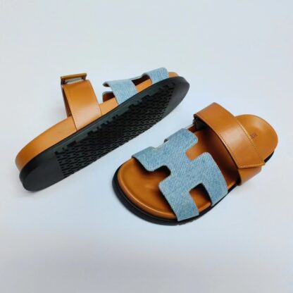 Hermès Couple Braided Brown and Blue Slippers - Image 2
