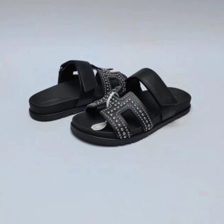 Hermès Couple's Braided Black with Silver Bead Slippers