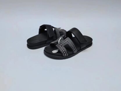 Hermès Couple's Braided Black with Silver Bead Slippers