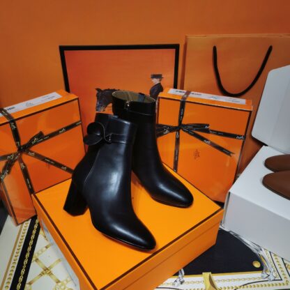Hermès classic autumn and winter black chunky heel elegant ankle boots - Image 2