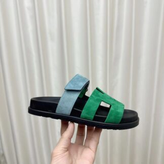 Hermès classic green and blue couple woven slippers
