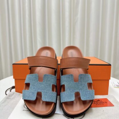 Hermès classic blue apricot couple woven slippers - Image 2