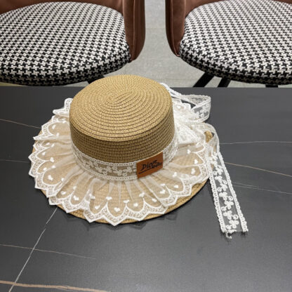 Dior lace bow flat top straw hat - Image 3