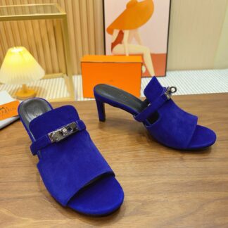 Hermès new pure handmade dark blue stiletto sandals