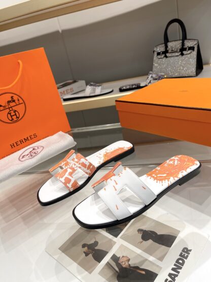 Hermès early spring new white and orange color matching pure handmade slippers - Image 2