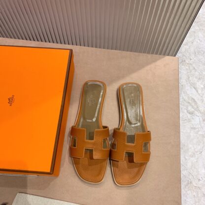 Hermès Orange Classic Litchi Leather Handmade Flat Slippers - Image 2
