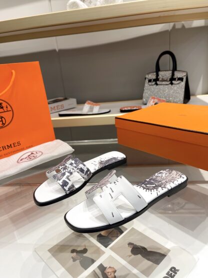 Hermès early spring new white printed pure handmade flat slippers - Image 2