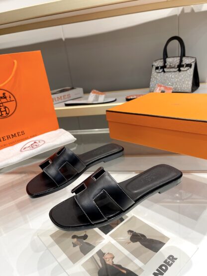Hermès early spring new pure handmade black flat slippers - Image 2