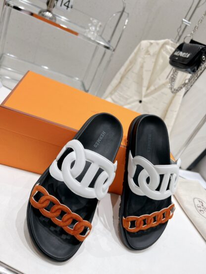 Hermes white brown spring and summer new leather slippers - Image 2