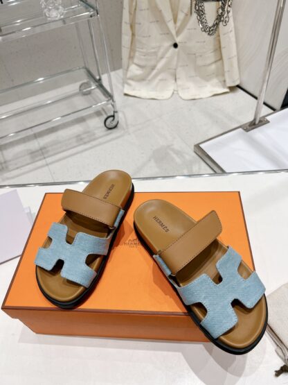 Hermes brown blue spring and summer new leather slippers - Image 2