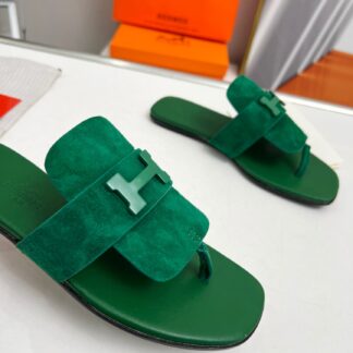 Hermès Spring and Summer Dark Green Daily Home Travel Holiday Essential Slippers