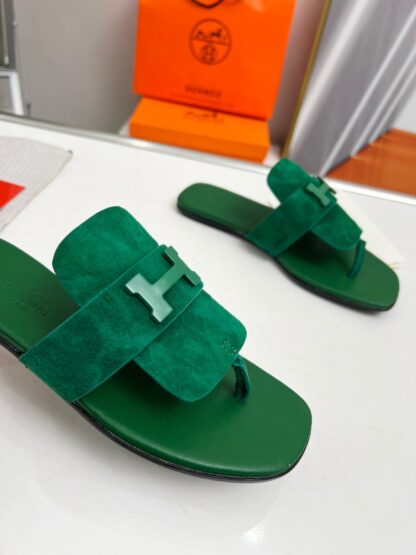Hermès Spring and Summer Dark Green Daily Home Travel Holiday Essential Slippers