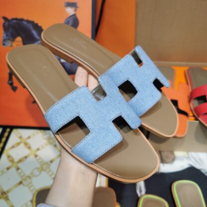 Hermès Denim Blue Handmade Slippers - Image 2