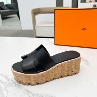 Hermès early spring new black pure handmade thick-soled platform slippers