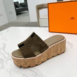 Hermès early spring new dark green pure handmade thick-soled platform slippers