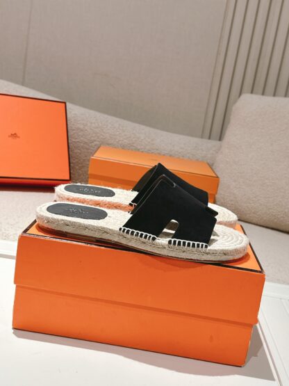 Hermès black spring and summer comfortable and fashionable straw slippers - Image 2