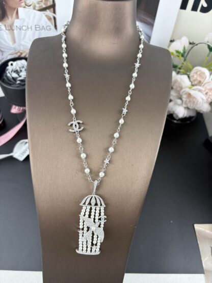 Chanel Silver Bird Full Diamond Pearl Necklace - Image 2