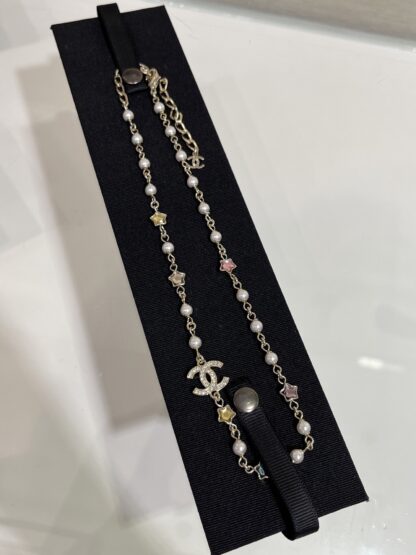 Chanel Colored Crystal Star Gold Diamond Double C Pearl Necklace - Image 2