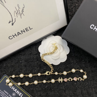 Chanel Pink Heart Letter Pearl Choer Necklace - Image 2