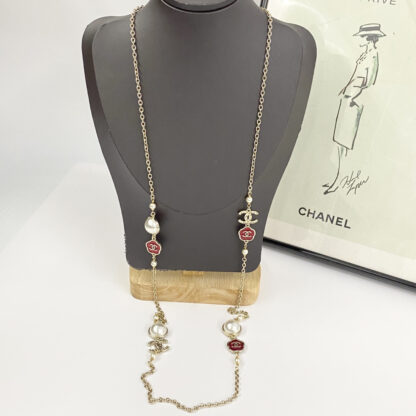 Chanel Vintage Red Flower Pearl Double C Necklace - Image 3