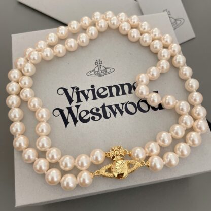 Vivienne Westwood Saturn double pearl necklace with full diamonds - Image 2