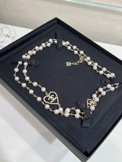Chanel Hollow Heart Diamond Double C Pearl Necklace - Image 3