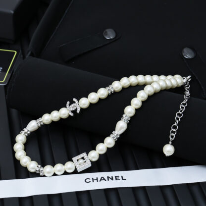 Chanel Full Diamond Square Pearl Letter Necklace - Image 2