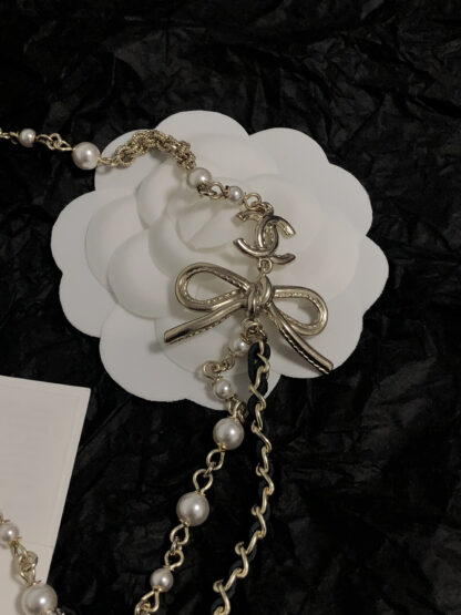 Chanel leather chain pearl bow double clavicle necklace - Image 2