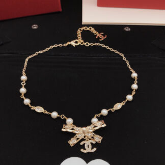 Chanel Light Gold Bow Diamond Pearl Necklace