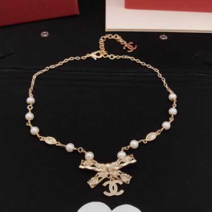 Chanel Light Gold Bow Diamond Pearl Necklace
